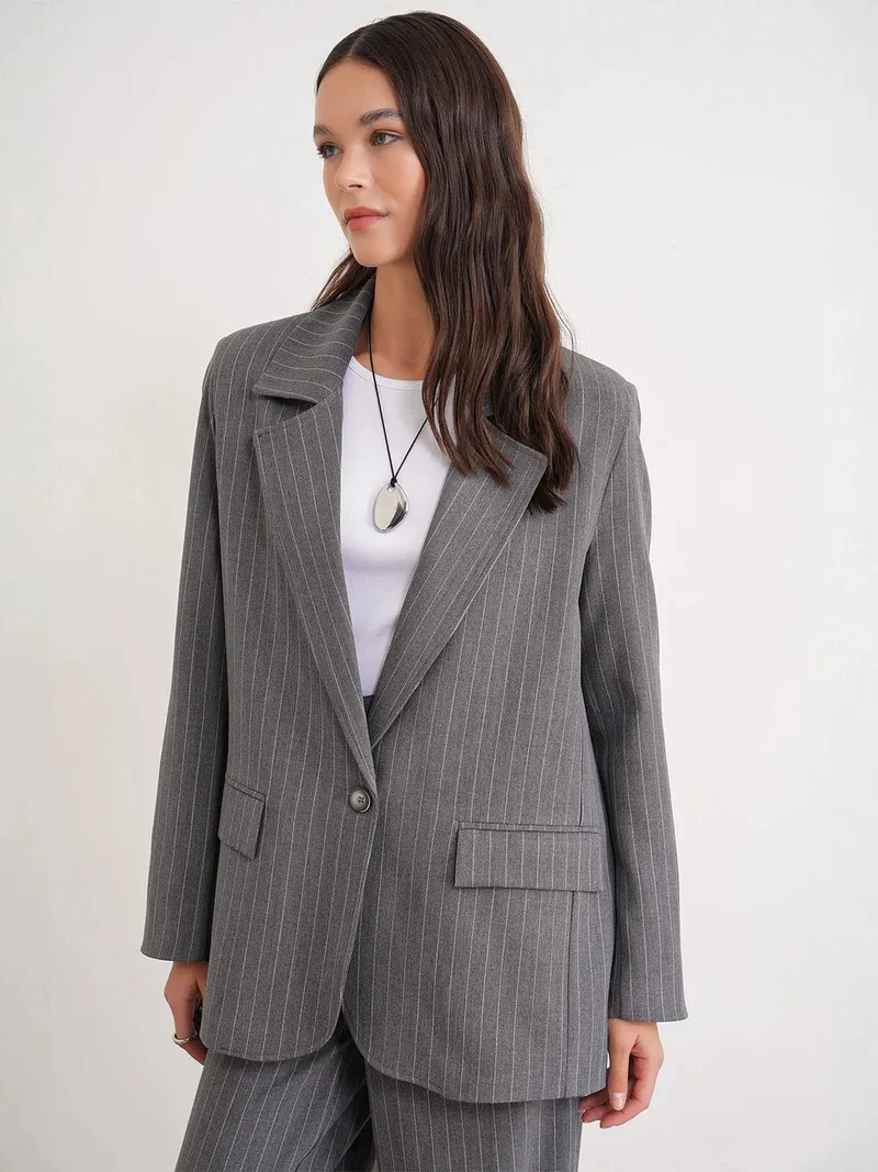 MixRay Grey MIXRAY Striped Oversize Blazer for Women | Best Price UAE